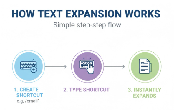A three-step diagram titled "How Text Expansion Works: Simple step-step flow." Step 1 shows a keyboard icon with a plus sign labeled "Create Shortcut (e.g., /email1)." Step 2 shows a finger pressing a key labeled "Type Shortcut." Step 3 shows a document icon labeled "Instantly Expands."